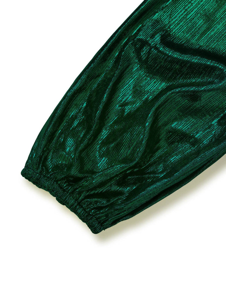 Dark Green 1930s Metallic V-Neck Lantern Sleeve Jumpsuit