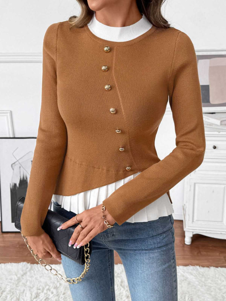 Brown 1970s Irregular Button Patchwork Knit Top