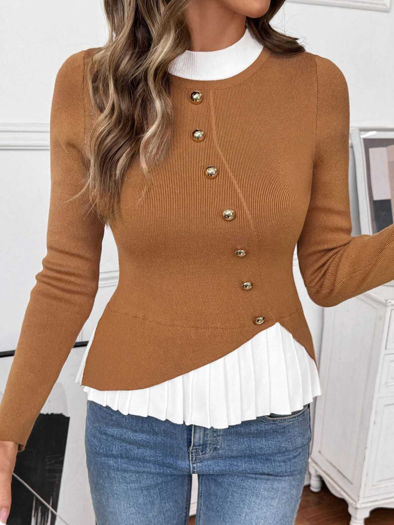 Brown 1970s Irregular Button Patchwork Knit Top