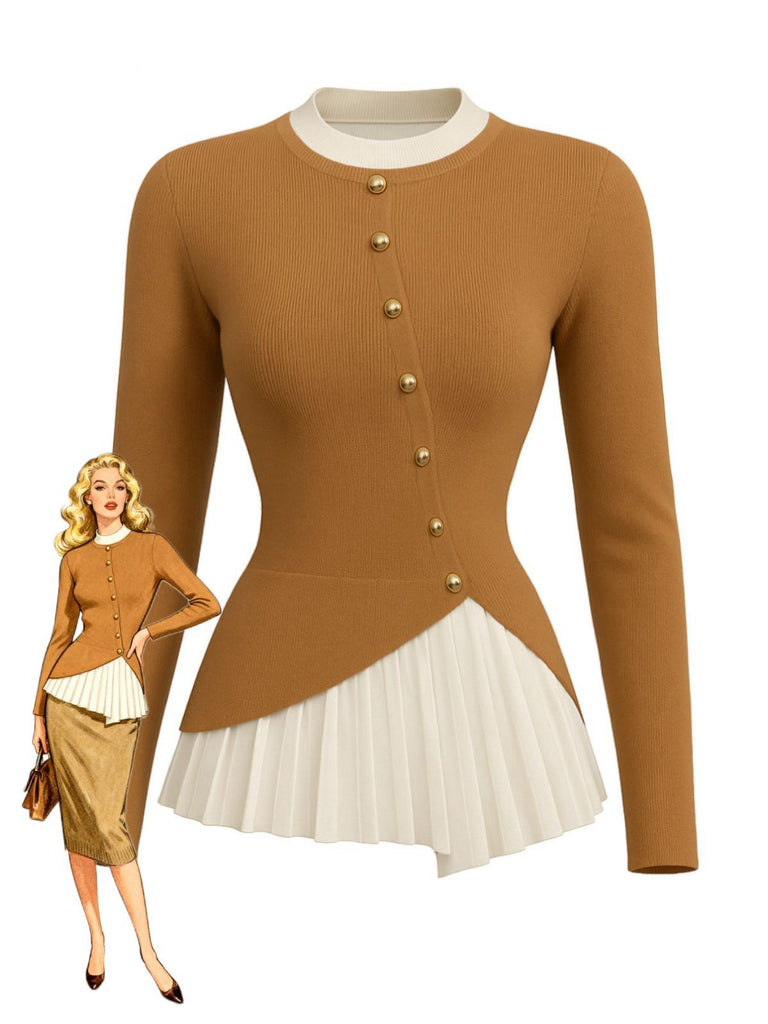 Brown 1970s Irregular Button Patchwork Knit Top