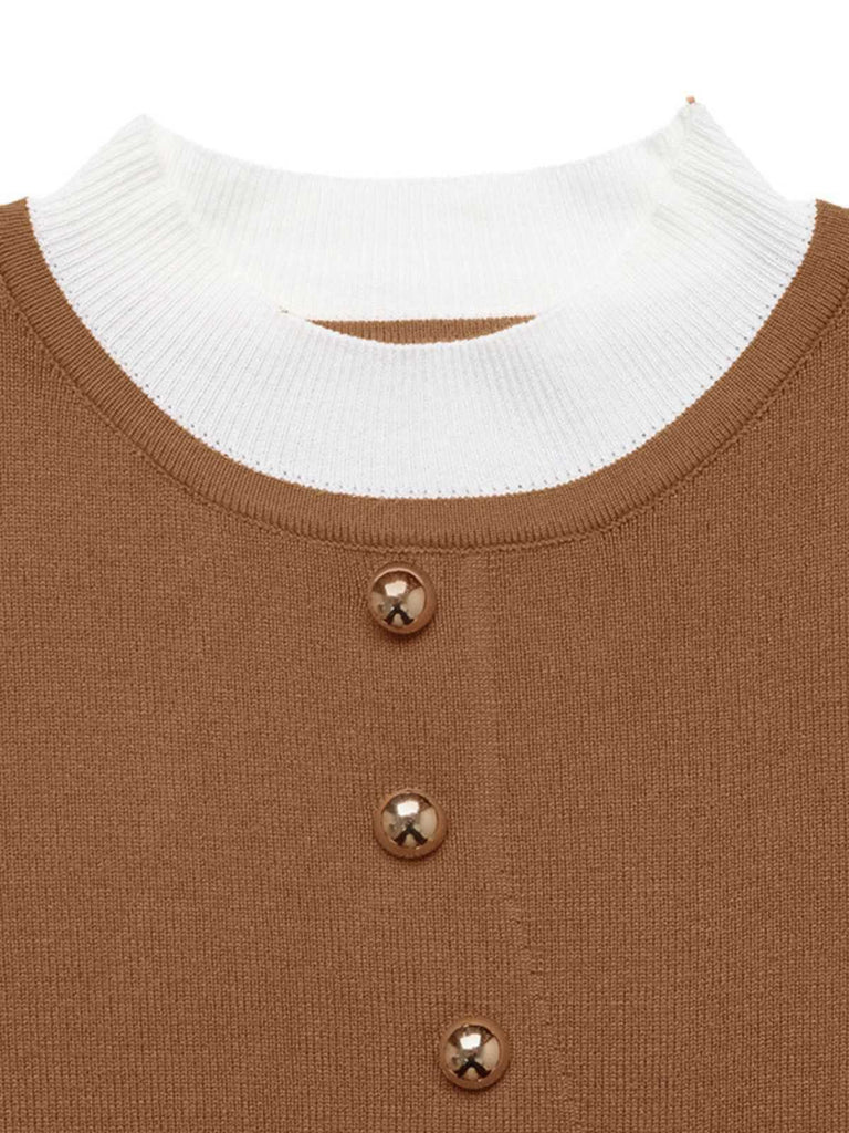 Brown 1970s Irregular Button Patchwork Knit Top