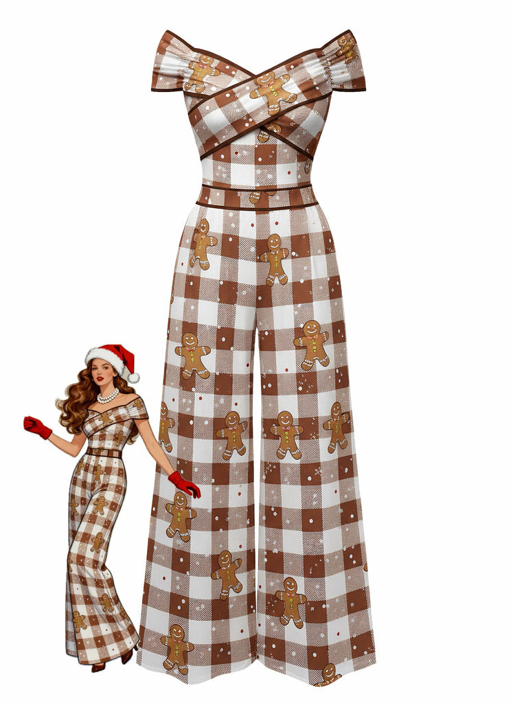[Pre-Sale] Brown 1960s Off-Shoulder Gingerbread Jumpsuit