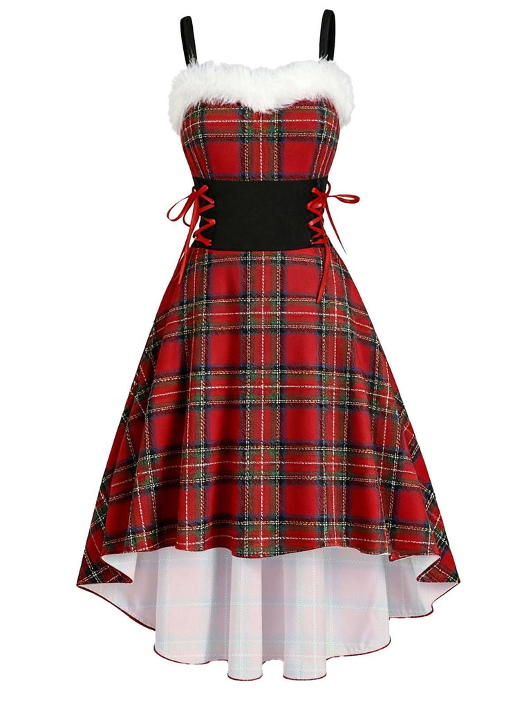 1950s Christmas Tartan Fur Trimmed High-Low Hem Dress
