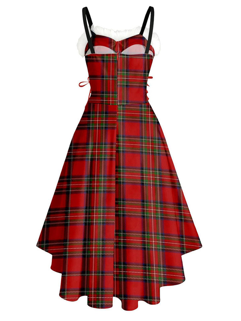 1950s Christmas Tartan Fur Trimmed High-Low Hem Dress