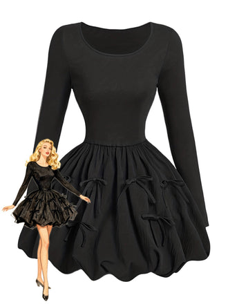 Black 1970s 3D-Bow Solid Bubble Dress