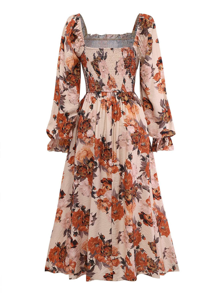 Multicolor 1930s Floral Smocked Cinched Sleeve Dress