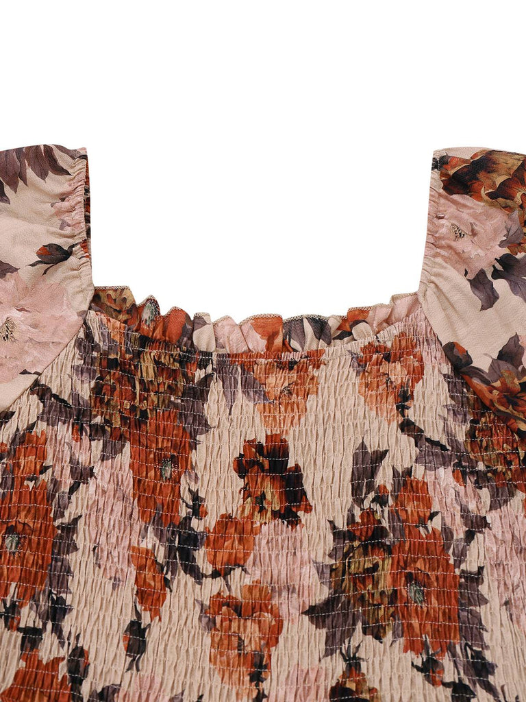 Multicolor 1930s Floral Smocked Cinched Sleeve Dress
