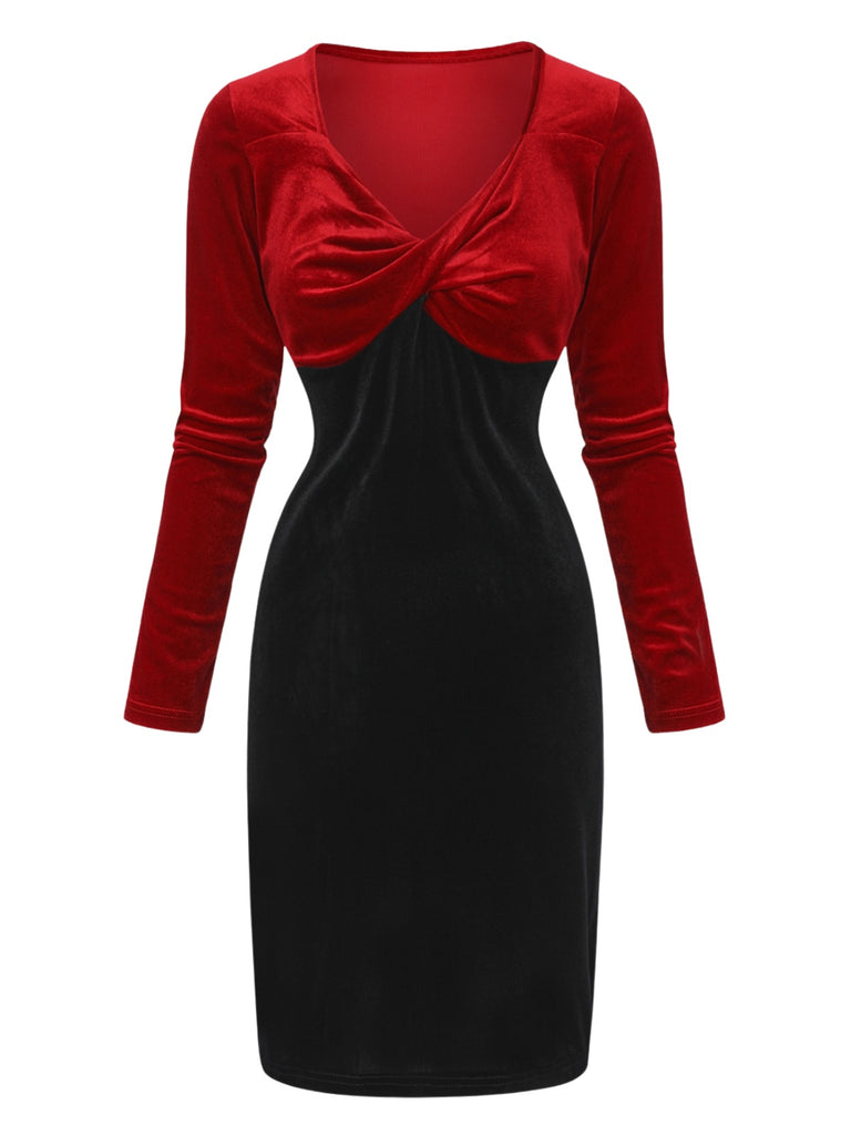 Red & Black 1960s Velvet Twisted V-Neck Bodycon Dress