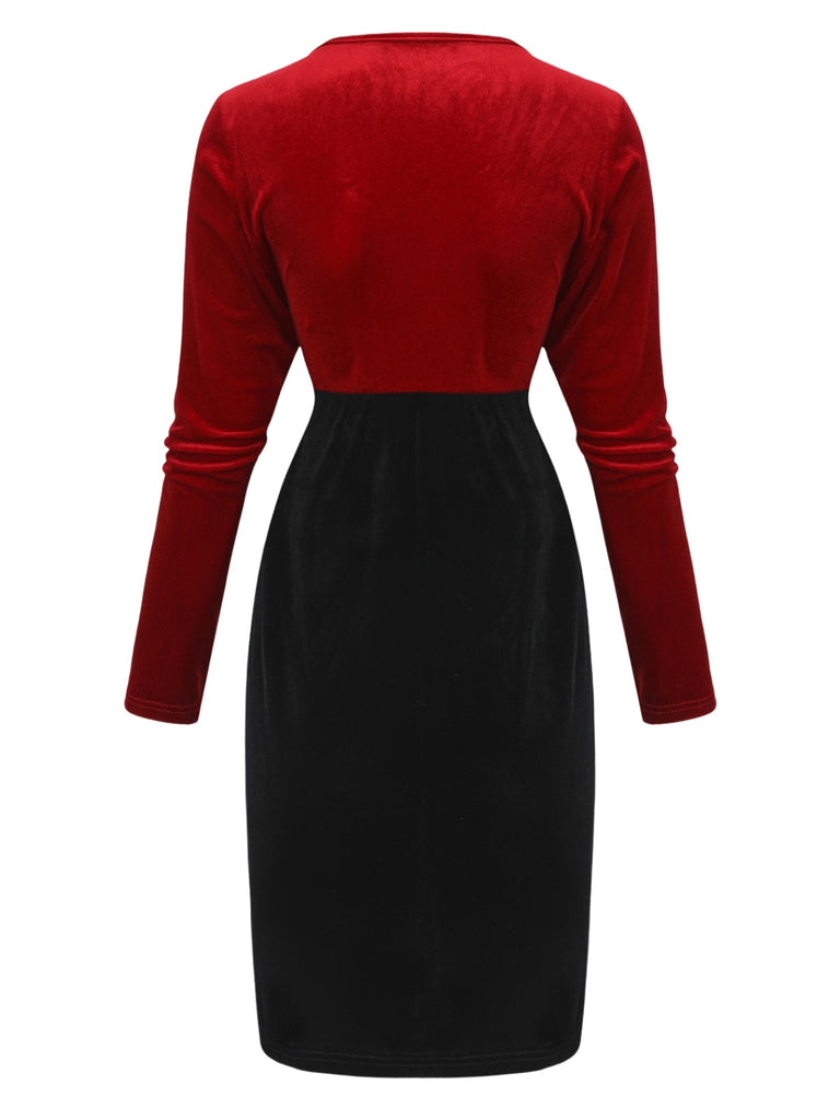 Red & Black 1960s Velvet Twisted V-Neck Bodycon Dress