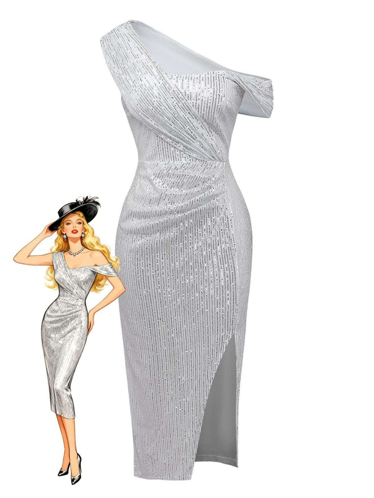 Silver 1920s Sequin One-Shoulder Side-Slit Dress
