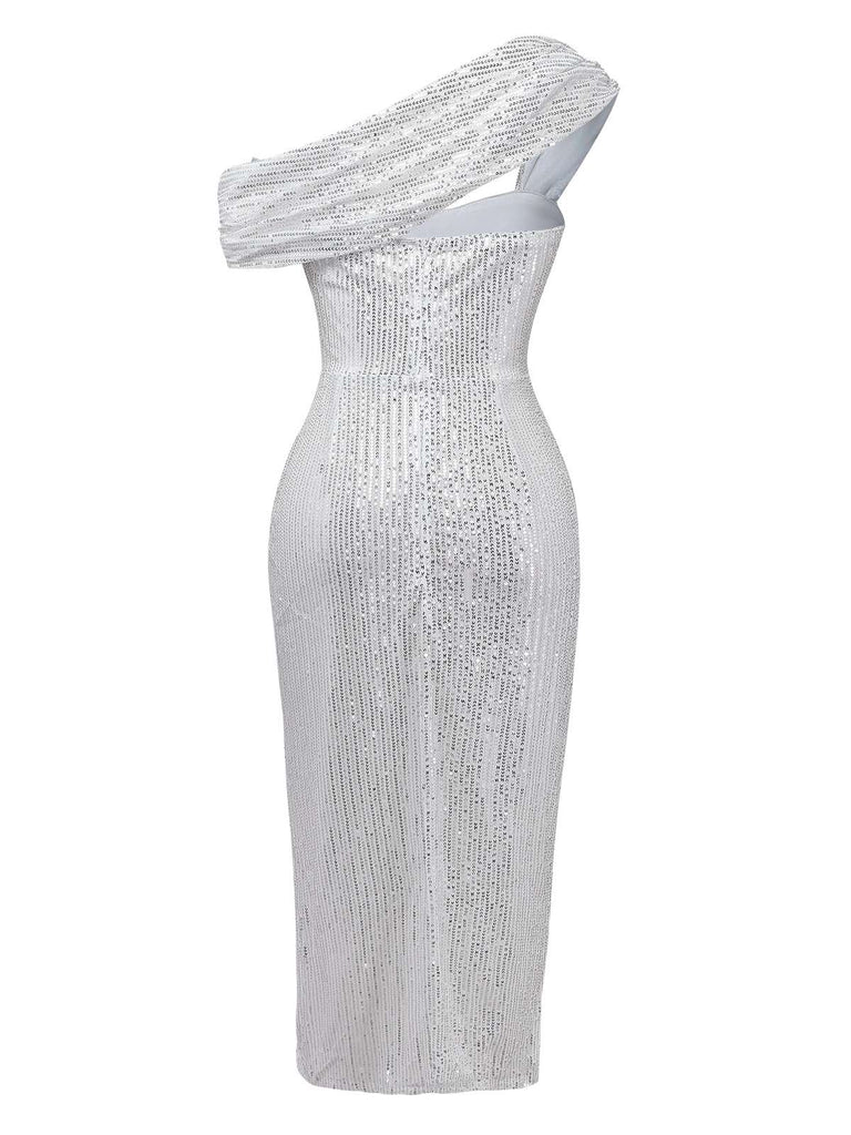 Silver 1920s Sequin One-Shoulder Side-Slit Dress