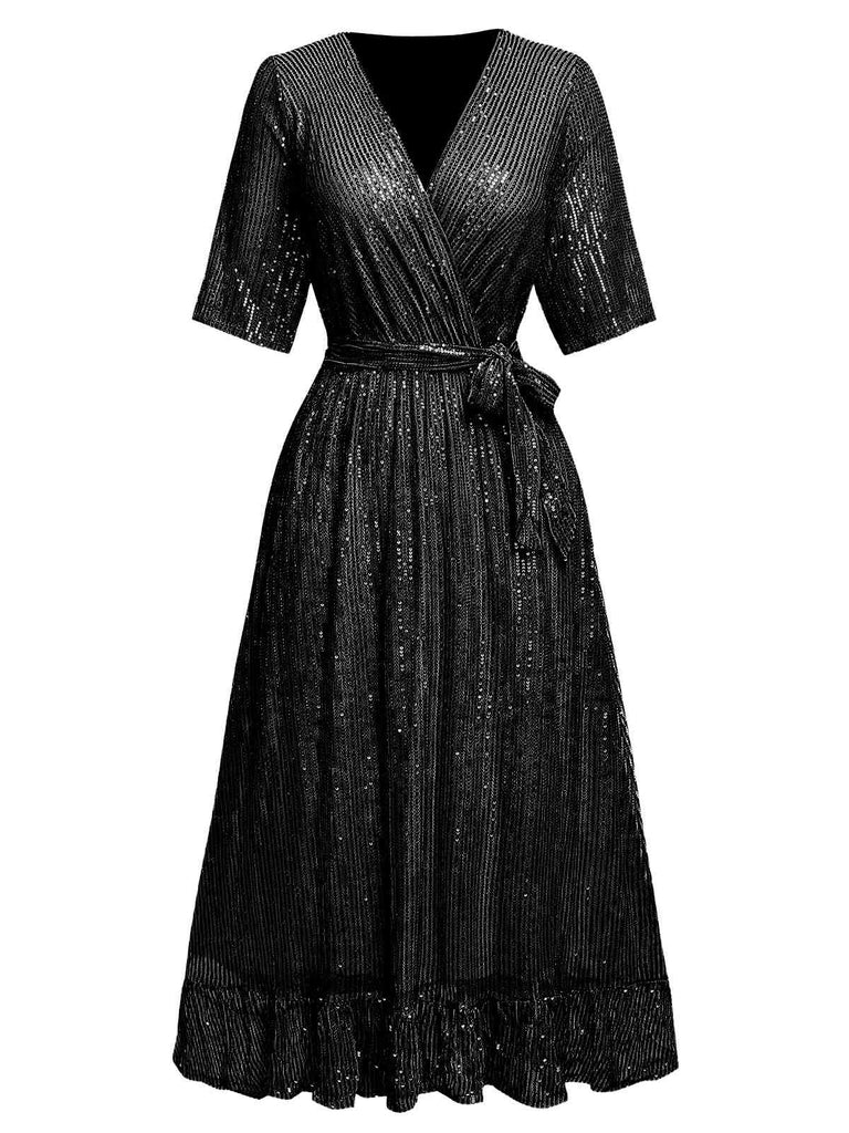 1930s V-Neck Sequined Ruffled Hem Dress