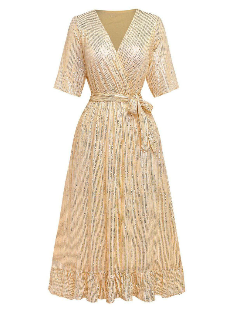1930s V-Neck Sequined Ruffled Hem Dress