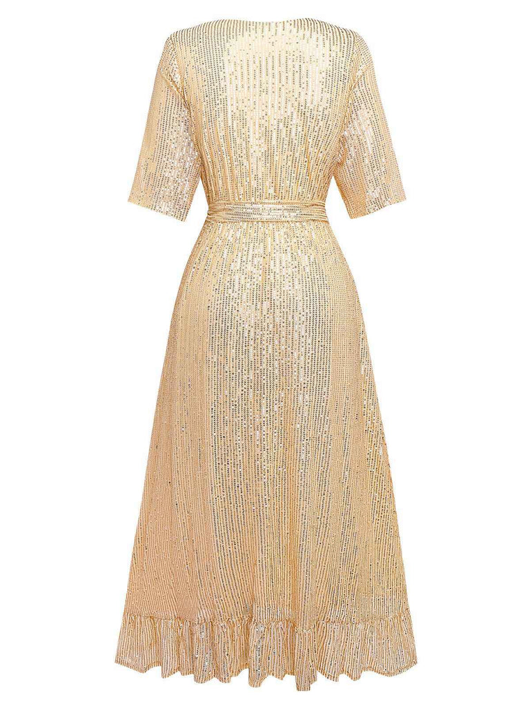 1930s V-Neck Sequined Ruffled Hem Dress