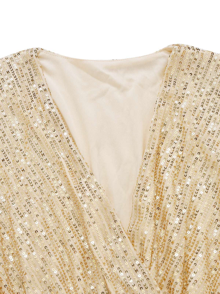 1930s V-Neck Sequined Ruffled Hem Dress