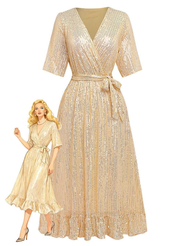 1930s V-Neck Sequined Ruffled Hem Dress