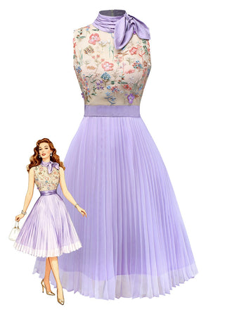 [Pre-Sale] Purple 1950s Floral Embroidered Tie Pleated Dress