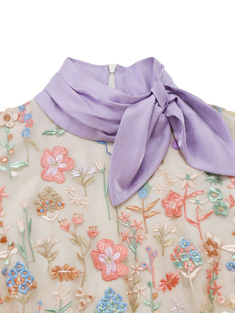 [Pre-Sale] Purple 1950s Floral Embroidered Tie Pleated Dress