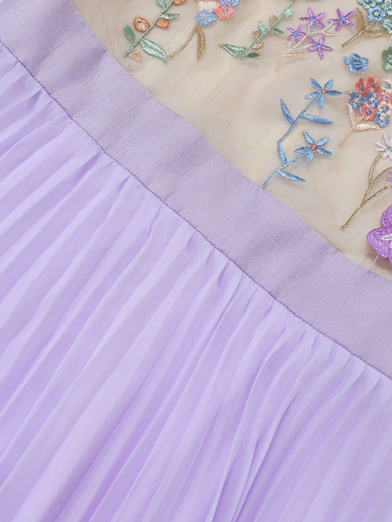 [Pre-Sale] Purple 1950s Floral Embroidered Tie Pleated Dress