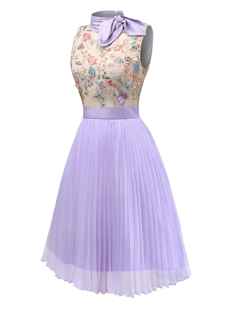 [Pre-Sale] Purple 1950s Floral Embroidered Tie Pleated Dress