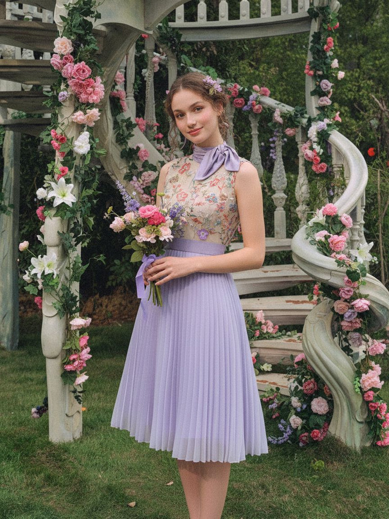 [Pre-Sale] Purple 1950s Floral Embroidered Tie Pleated Dress