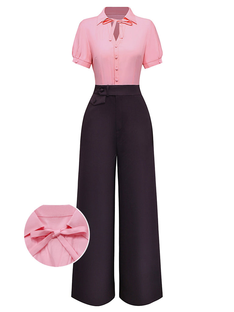 [Pre-Sale] Pink & Gray 1930s Bow Collar Lapel Jumpsuit