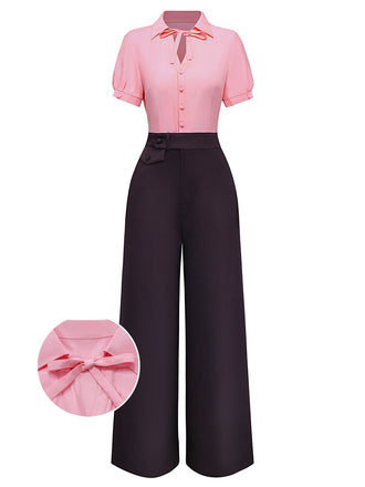 [Pre-Sale] Pink & Gray 1930s Bow Collar Lapel Jumpsuit