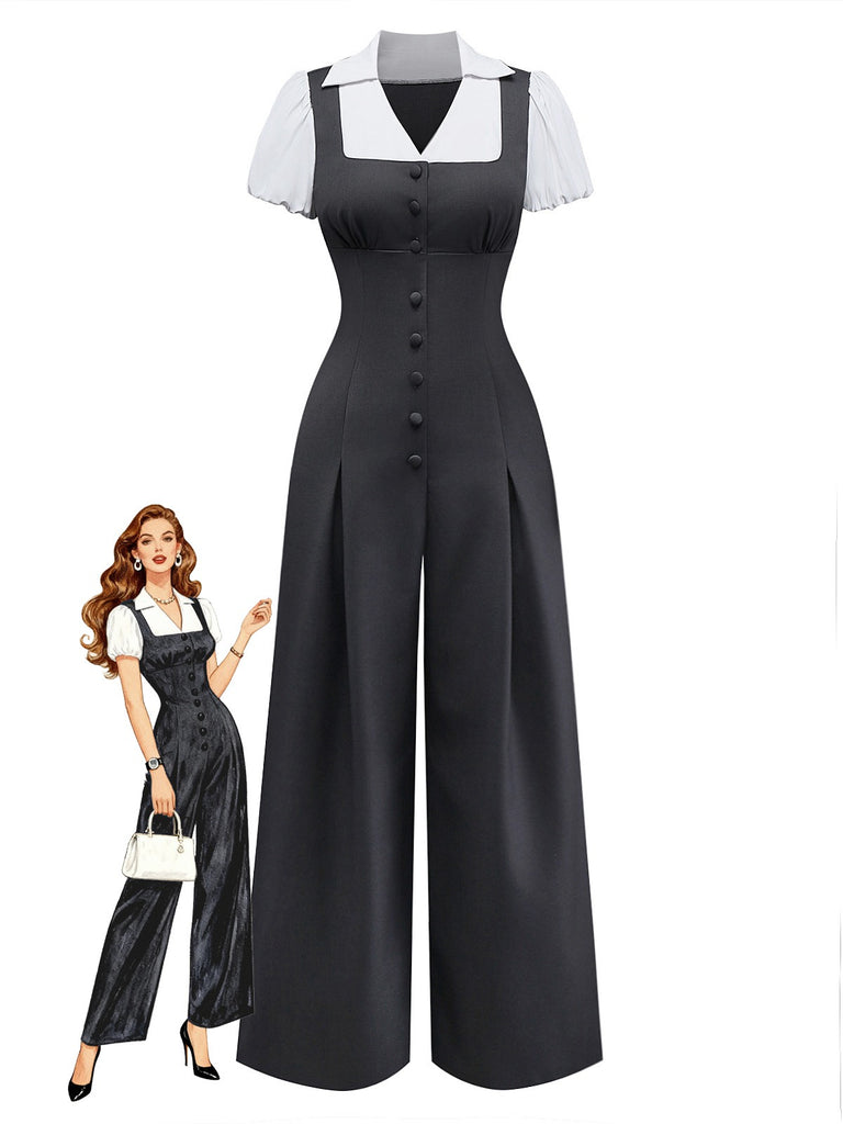 [Pre-Sale] Gray 1950s Faux Two-Piece Johnny Collar Puff Jumpsuit
