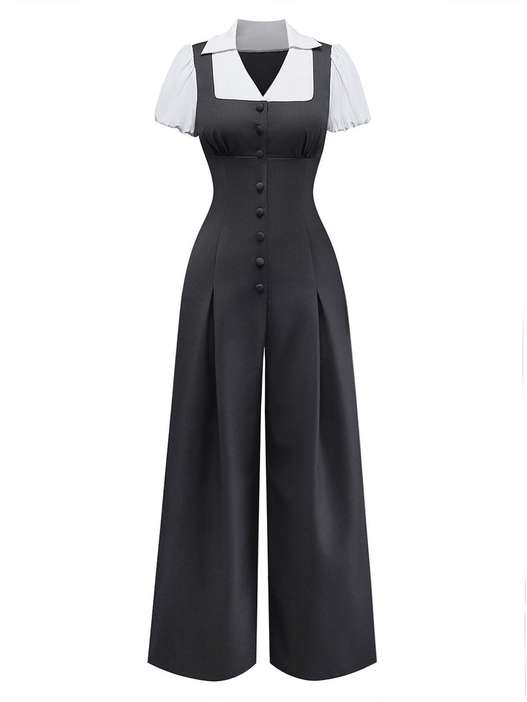[Pre-Sale] Gray 1950s Faux Two-Piece Johnny Collar Puff Jumpsuit