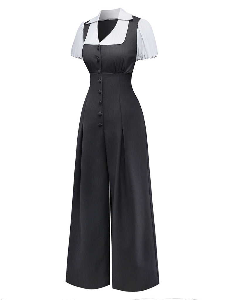 [Pre-Sale] Gray 1950s Faux Two-Piece Johnny Collar Puff Jumpsuit