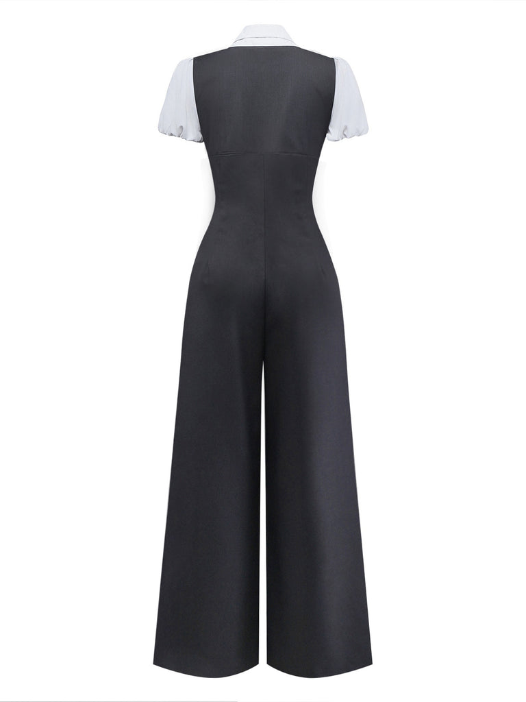 [Pre-Sale] Gray 1950s Faux Two-Piece Johnny Collar Puff Jumpsuit