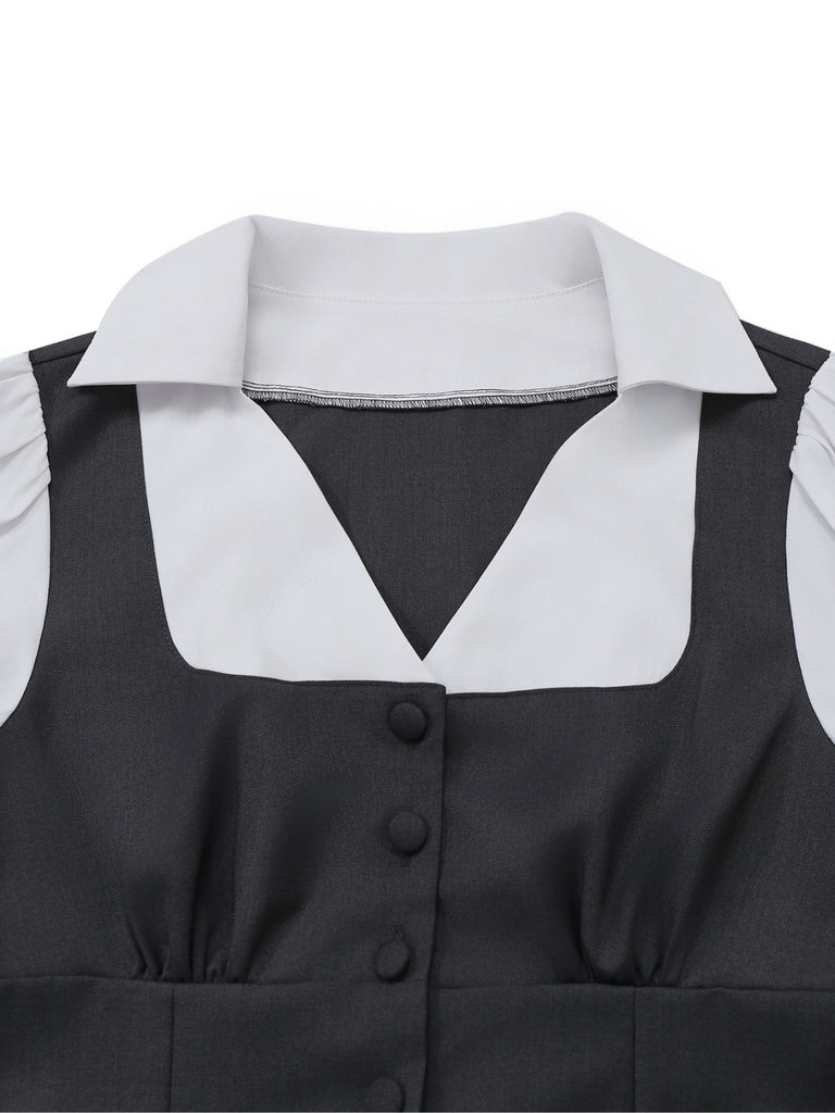 [Pre-Sale] Gray 1950s Faux Two-Piece Johnny Collar Puff Jumpsuit