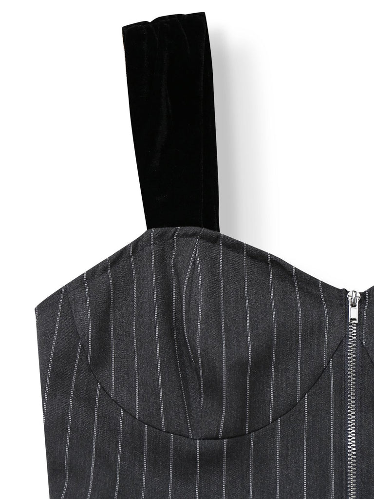 [Pre-Sale] Gray 1950s Velvet Straps Belt Pinstripe Dress
