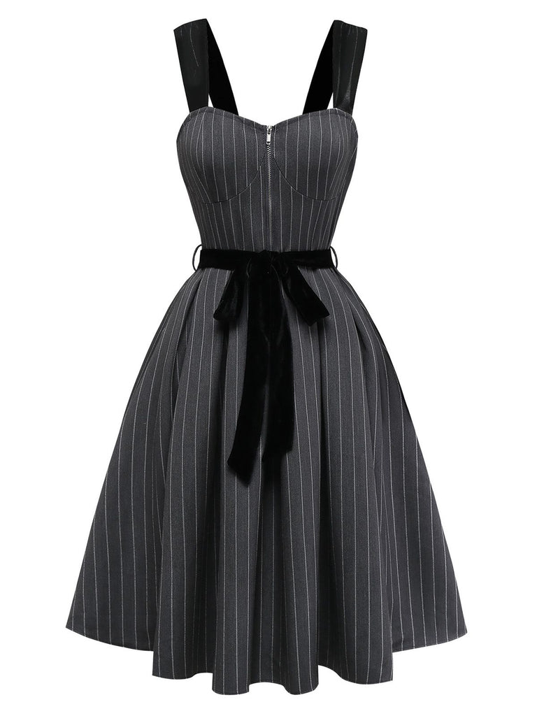 [Pre-Sale] Gray 1950s Velvet Straps Belt Pinstripe Dress