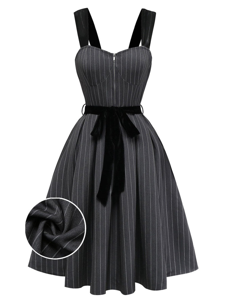 [Pre-Sale] Gray 1950s Velvet Straps Belt Pinstripe Dress