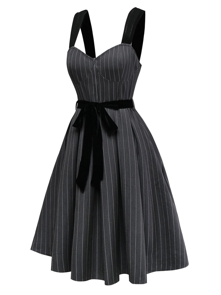 [Pre-Sale] Gray 1950s Velvet Straps Belt Pinstripe Dress