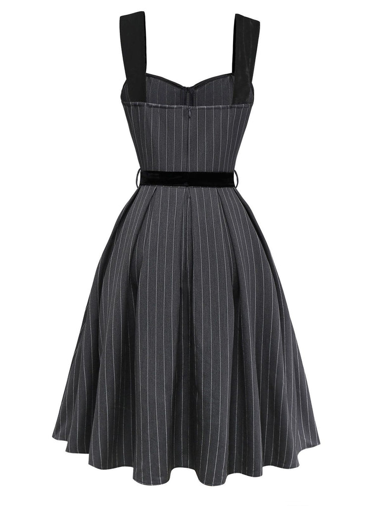 [Pre-Sale] Gray 1950s Velvet Straps Belt Pinstripe Dress