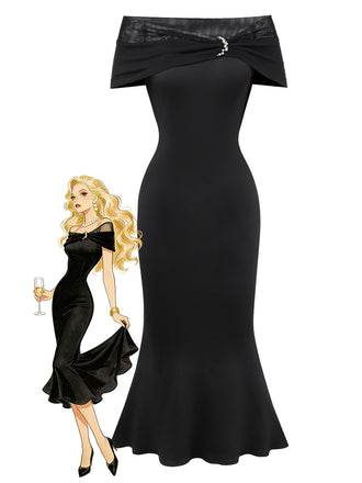 [Pre-Sale] Black 1930s Off-Shoulder Mesh Fishtail Dress