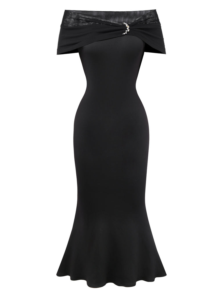 [Pre-Sale] Black 1930s Off-Shoulder Mesh Fishtail Dress