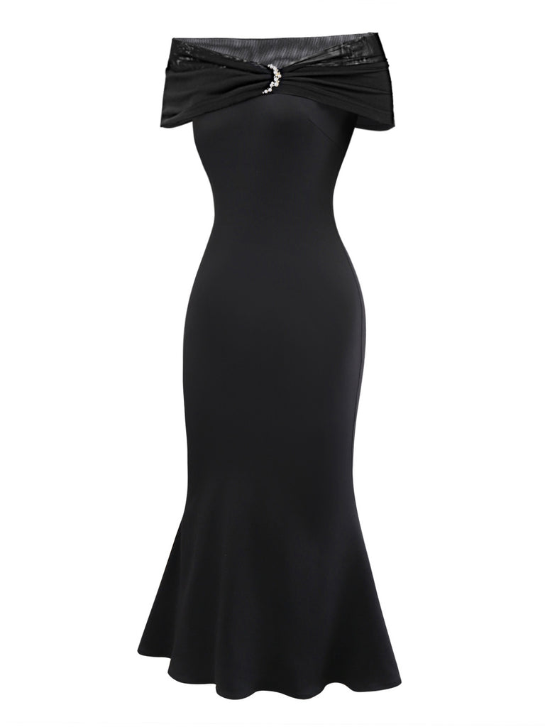 [Pre-Sale] Black 1930s Off-Shoulder Mesh Fishtail Dress
