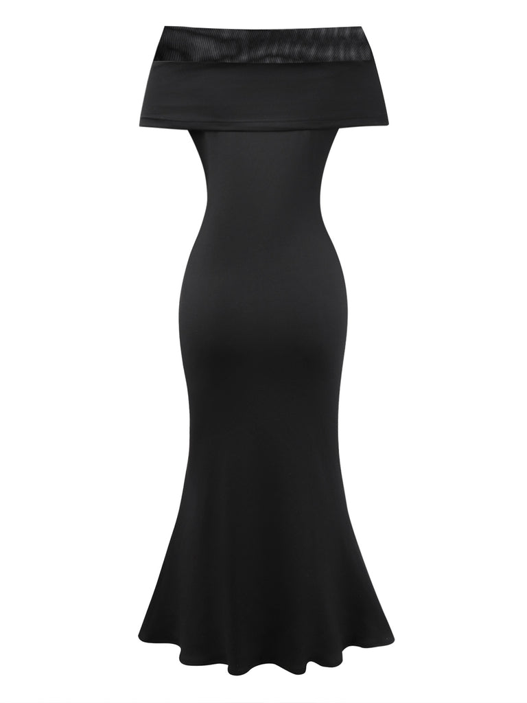 [Pre-Sale] Black 1930s Off-Shoulder Mesh Fishtail Dress