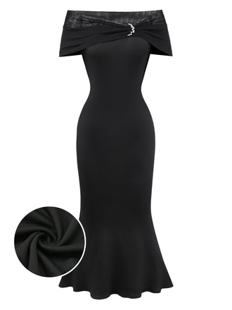 [Pre-Sale] Black 1930s Off-Shoulder Mesh Fishtail Dress