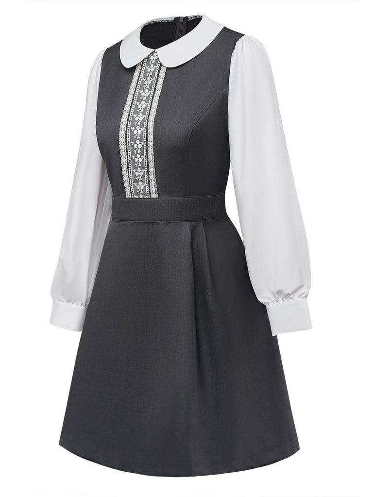 [Pre-Sale] Grey 1960s Peter Pan Collar Lace Fake Two-Piece Dress