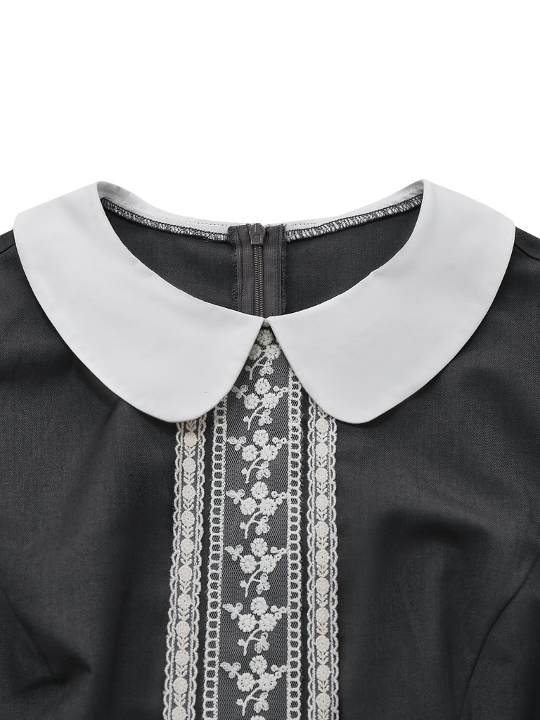 [Pre-Sale] Grey 1960s Peter Pan Collar Lace Fake Two-Piece Dress