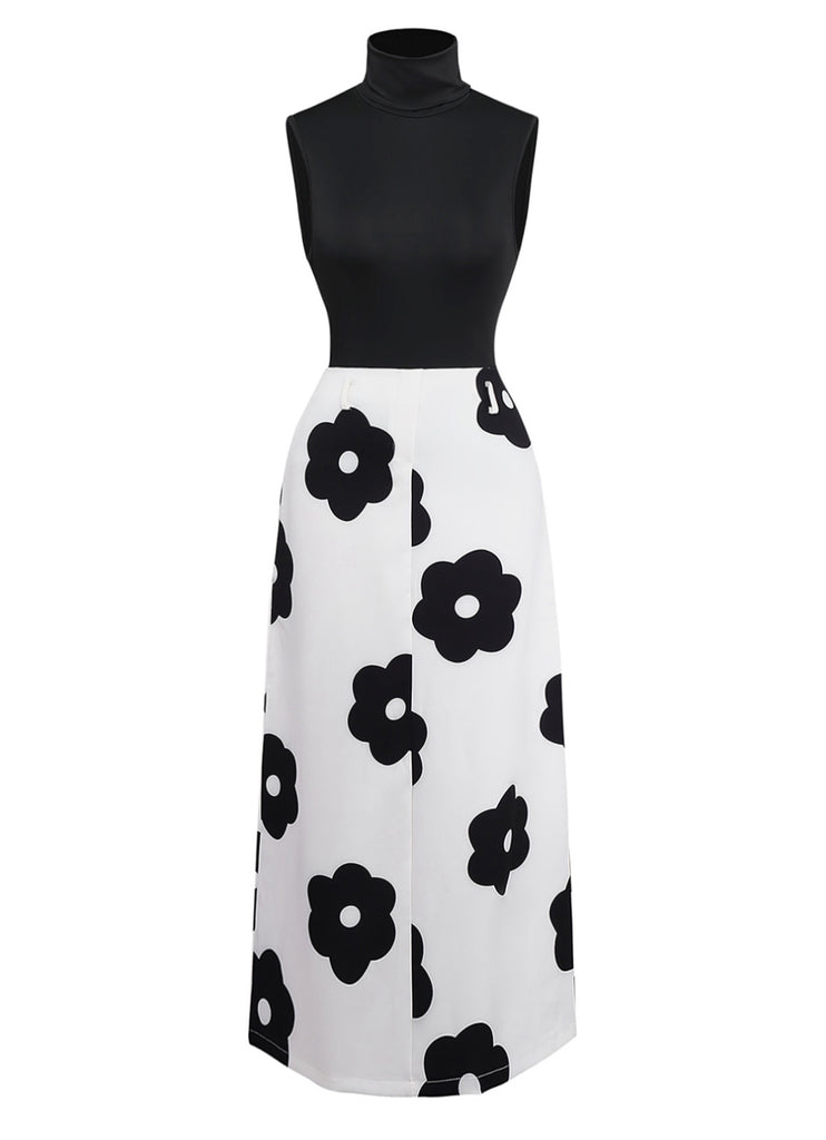 2PCS Black 1930s Turtleneck Top & Floral Skirt