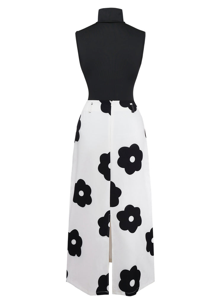 2PCS Black 1930s Turtleneck Top & Floral Skirt