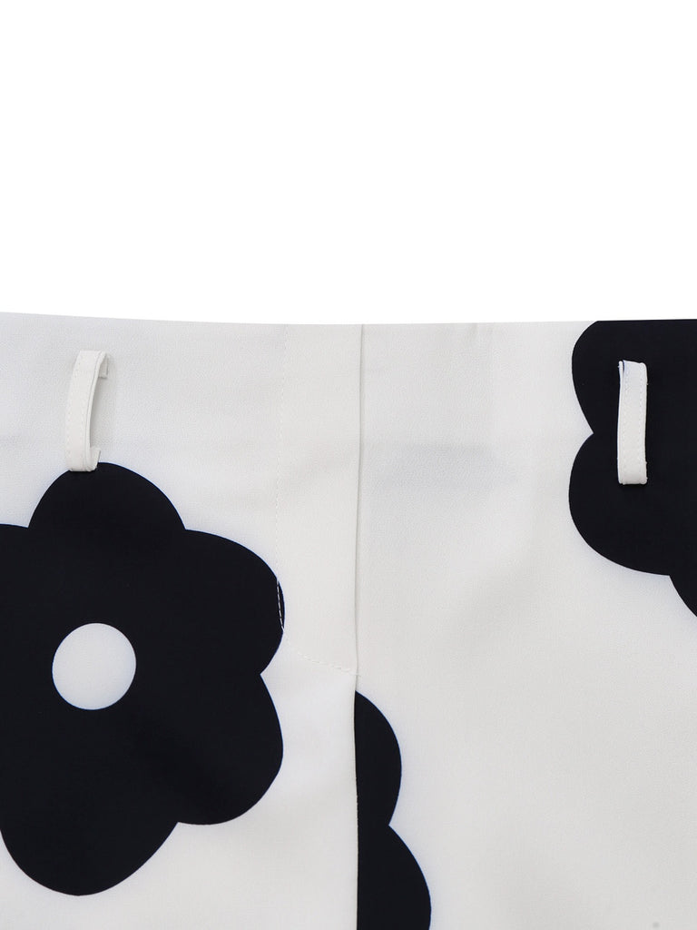 2PCS Black 1930s Turtleneck Top & Floral Skirt