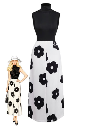 2PCS Black 1930s Turtleneck Top & Floral Skirt