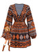 Brown 1970s Deep V-Neck Tirbal Print Boho Dress