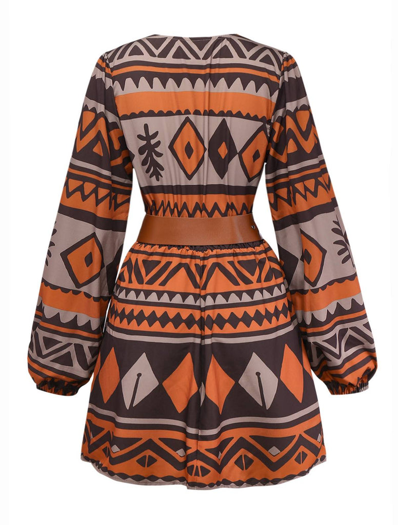 Brown 1970s Deep V-Neck Tirbal Print Boho Dress